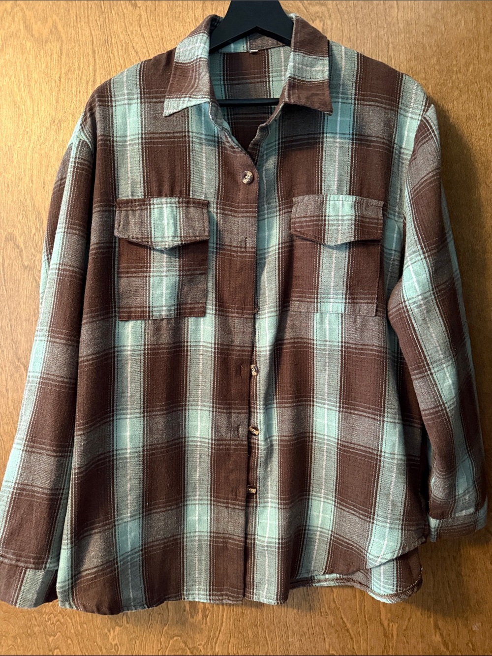 Men's Brown and Mint Flannel Button-Up Shirt